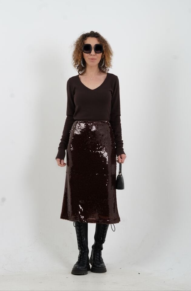 Koyu Kahve V Yaka Kaşmirli Triko Kazak