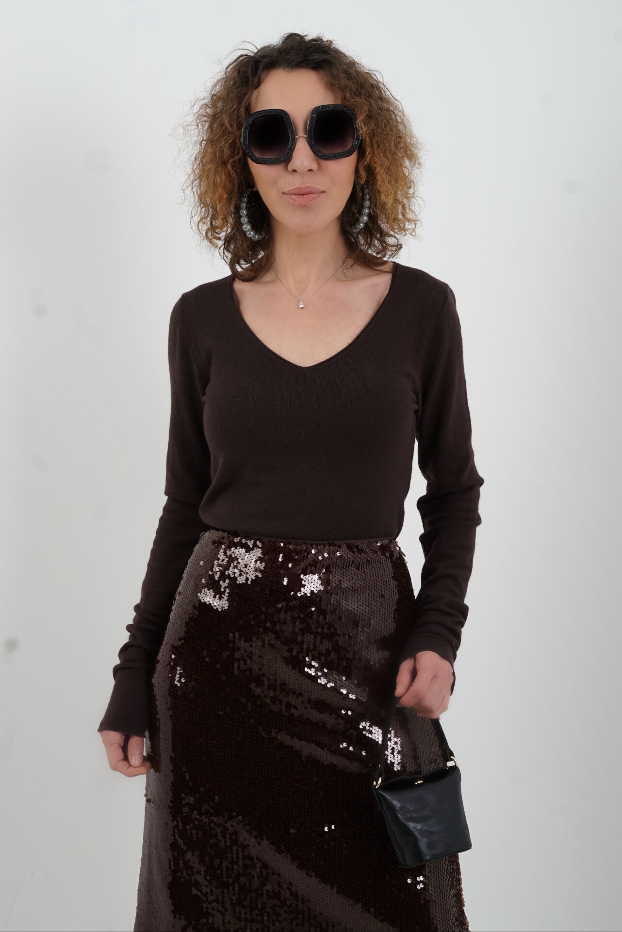 Koyu Kahve V Yaka Kaşmirli Triko Kazak