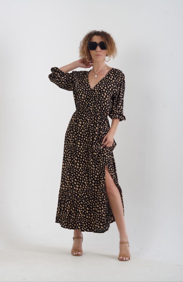 Puantiye Desen Yırtmaçlı Elbise