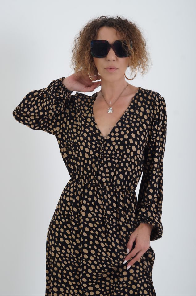 Puantiye Desen Yırtmaçlı Elbise