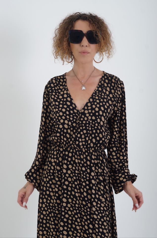 Puantiye Desen Yırtmaçlı Elbise