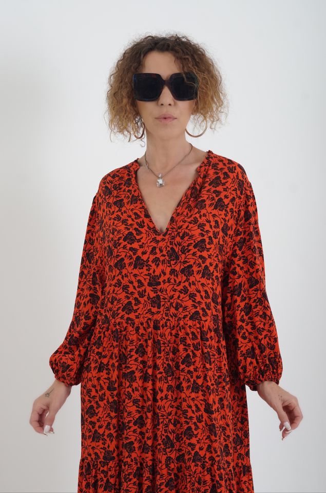 Çiçek Desenli Yakası Fırfırlı Elbise