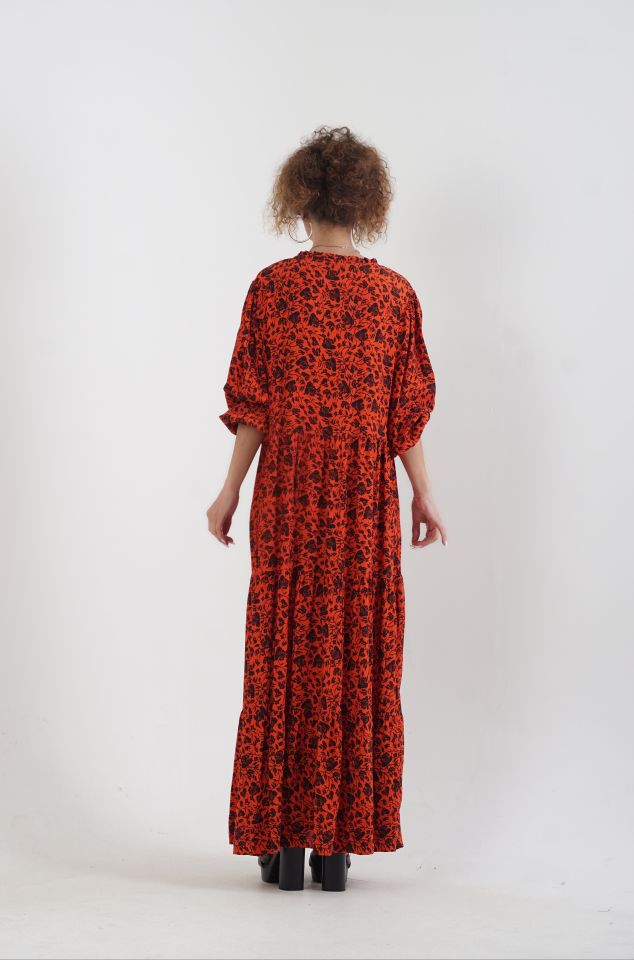 Çiçek Desenli Yakası Fırfırlı Elbise