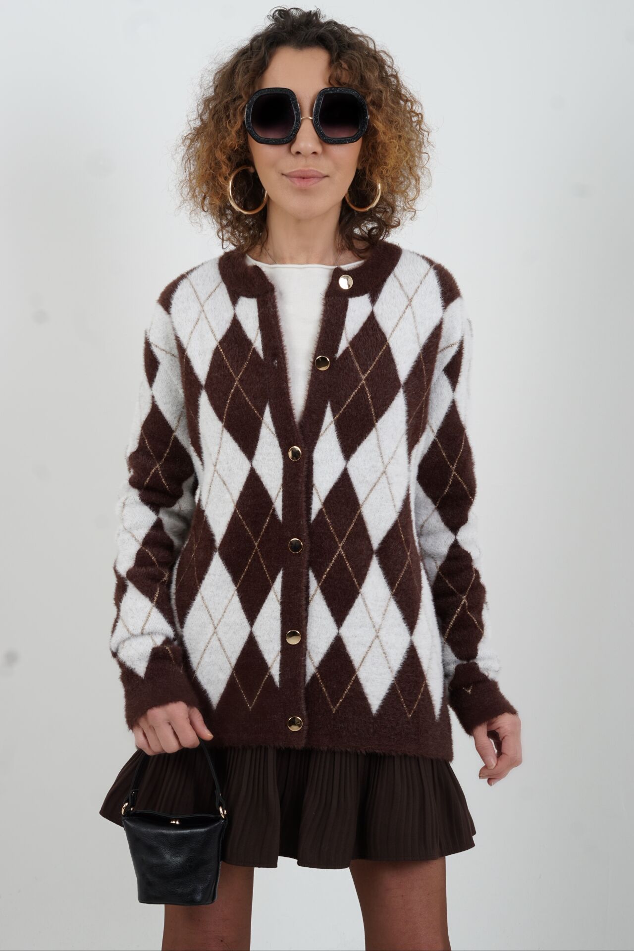 Kahve Işıltılı Baklava Desen Hırka