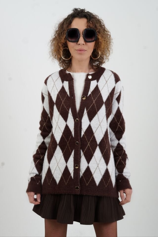 Kahve Işıltılı Baklava Desen Hırka