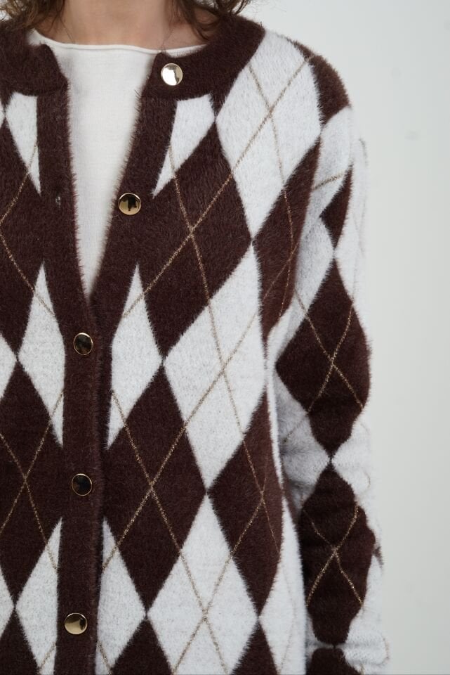 Kahve Işıltılı Baklava Desen Hırka