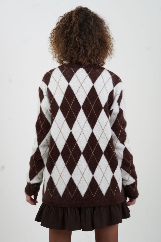 Kahve Işıltılı Baklava Desen Hırka