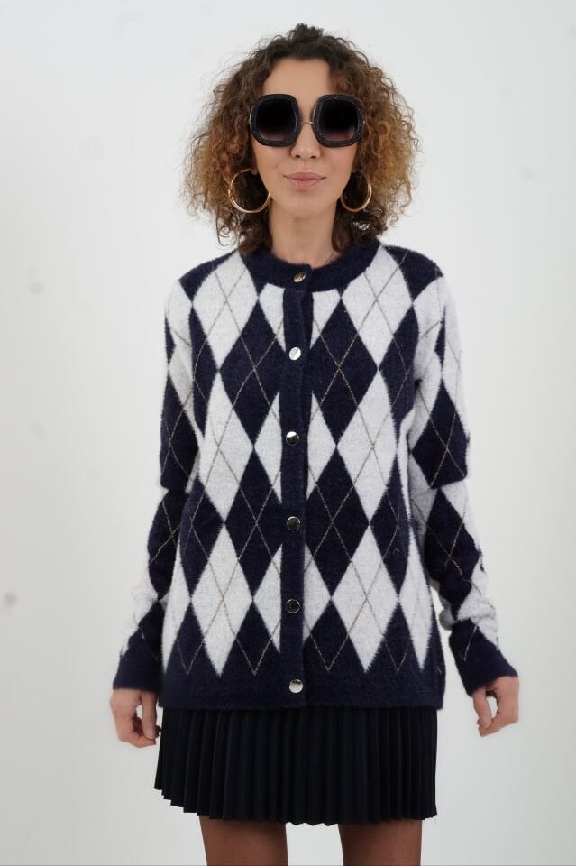 Lacivert Işıltılı Baklava Desen Hırka