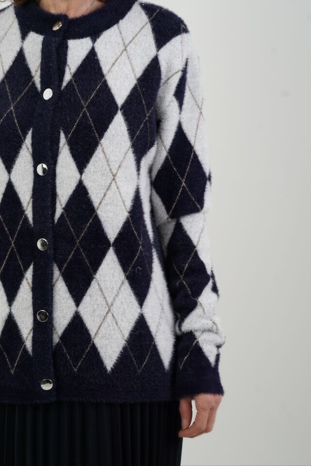 Lacivert Işıltılı Baklava Desen Hırka