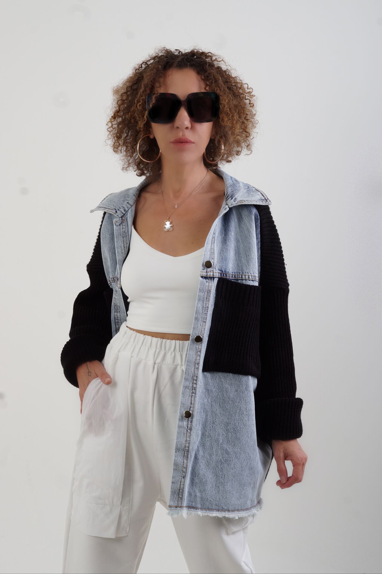 Siyah Önü Denim Arkası Triko Ceket