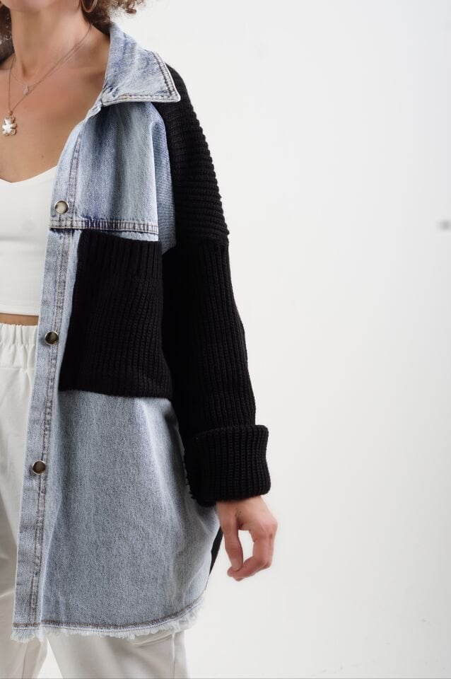 Siyah Önü Denim Arkası Triko Ceket