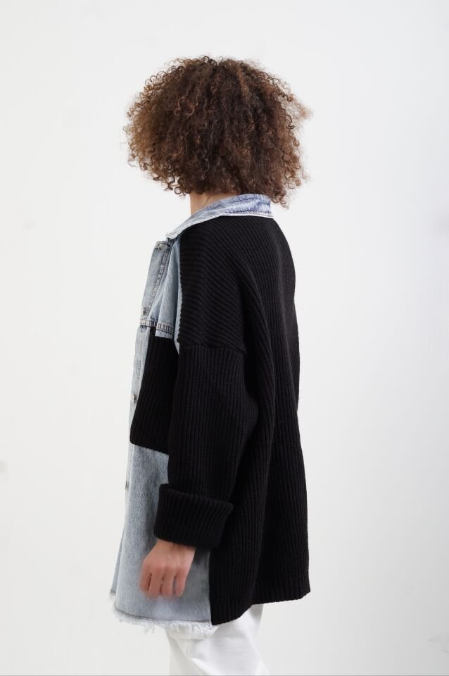 Siyah Önü Denim Arkası Triko Ceket