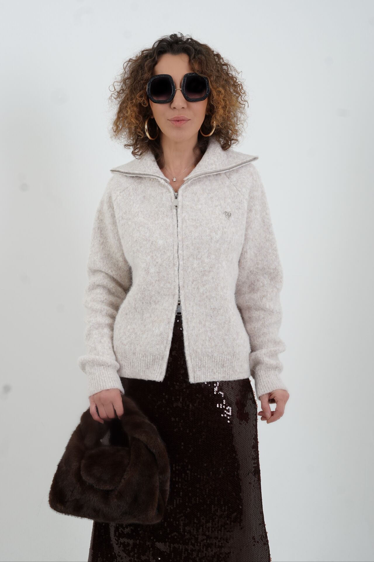 Bej Melanj Fermuarlı Dik Yaka Hırka