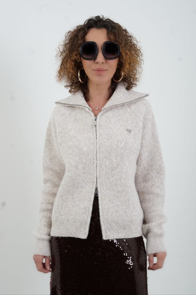 Bej Melanj Fermuarlı Dik Yaka Hırka