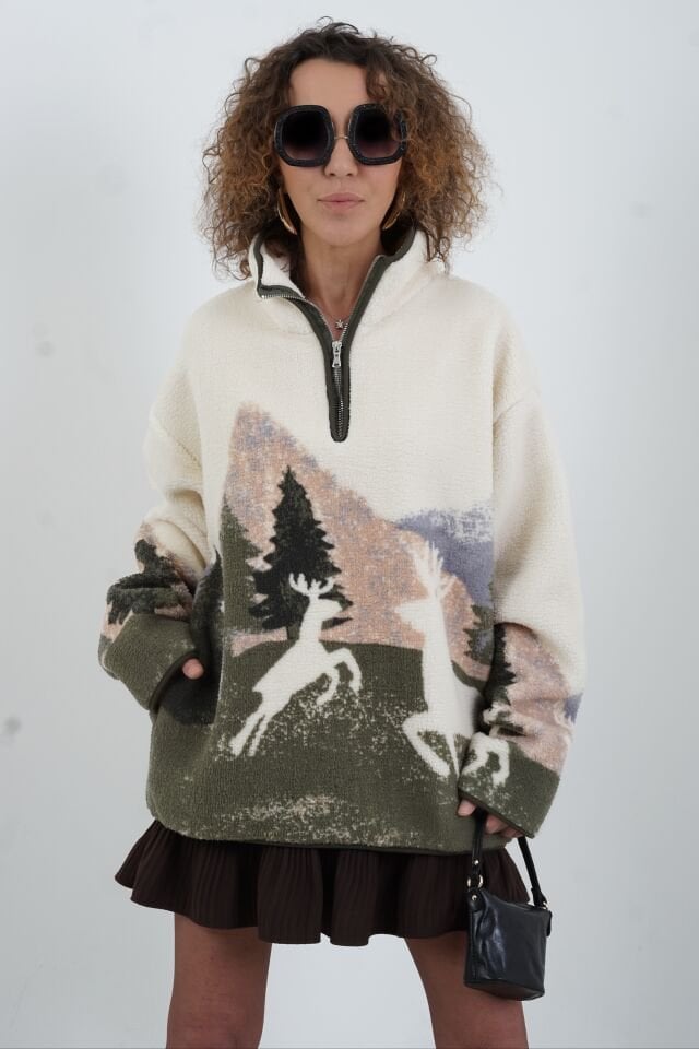 Haki Ekru Geyik Desenli Polar Sweatshirt