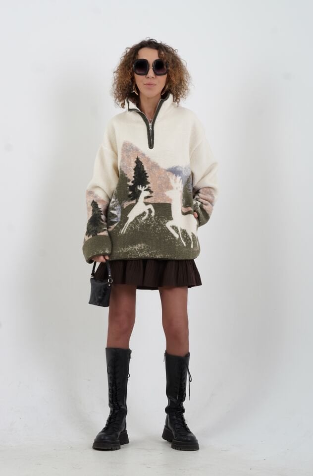 Haki Ekru Geyik Desenli Polar Sweatshirt