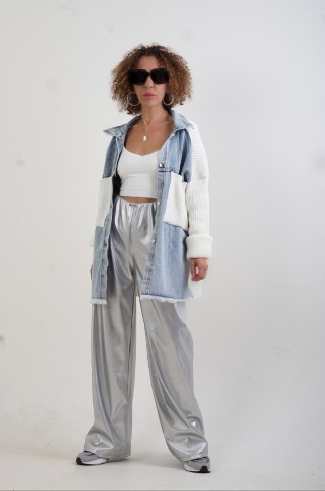 Ekru Önü Denim Arkası Triko Ceket