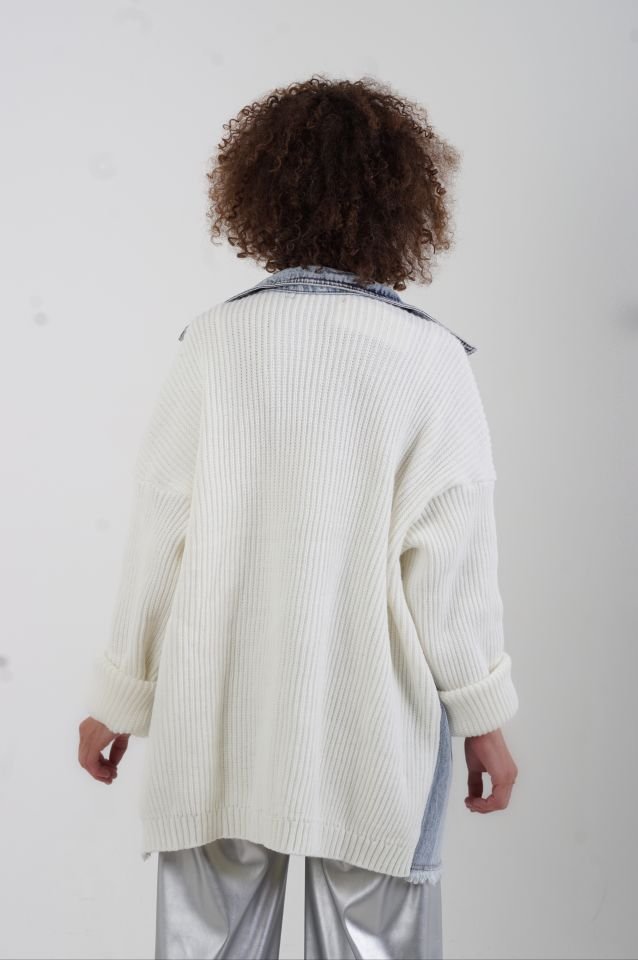 Ekru Önü Denim Arkası Triko Ceket