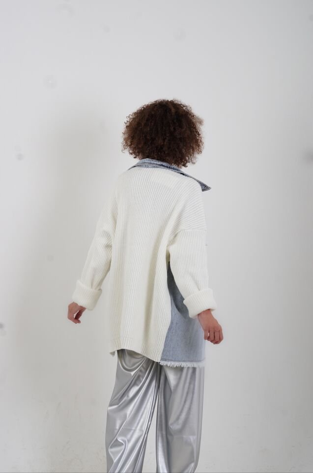 Ekru Önü Denim Arkası Triko Ceket