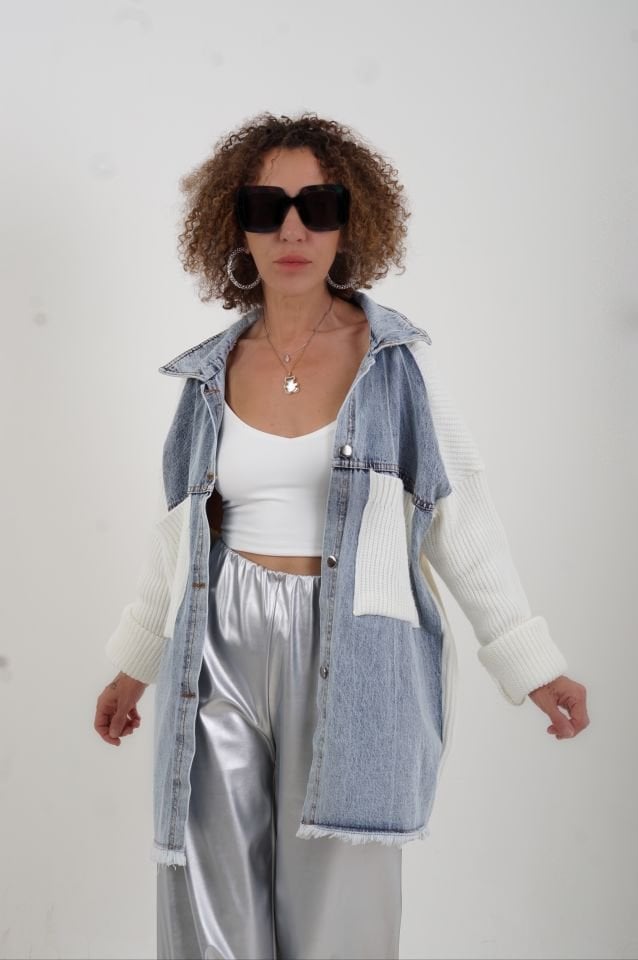 Ekru Önü Denim Arkası Triko Ceket