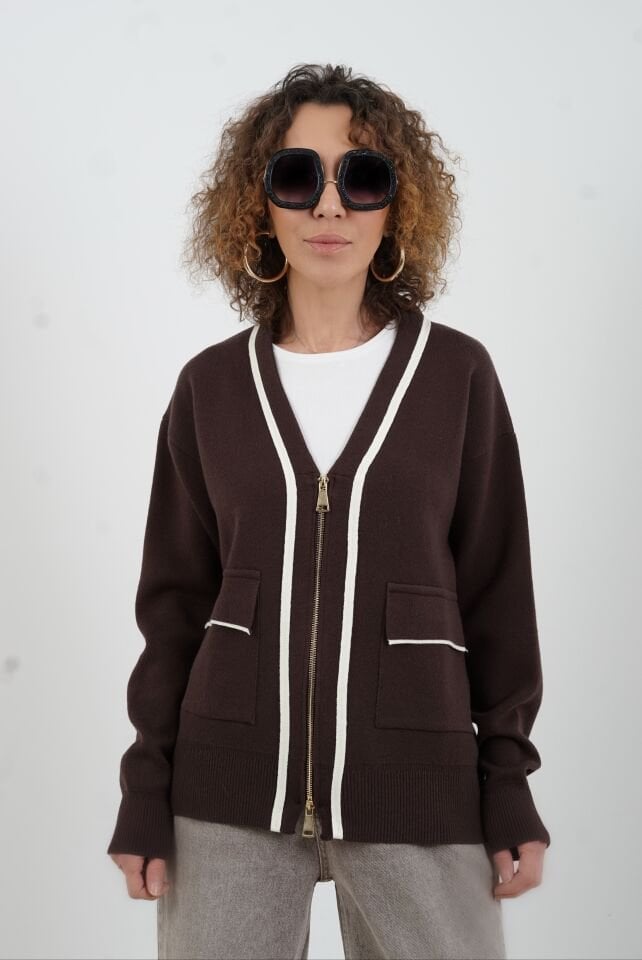 Kahve Kontrast Biyeli Fermuarlı Sofistik Hırka