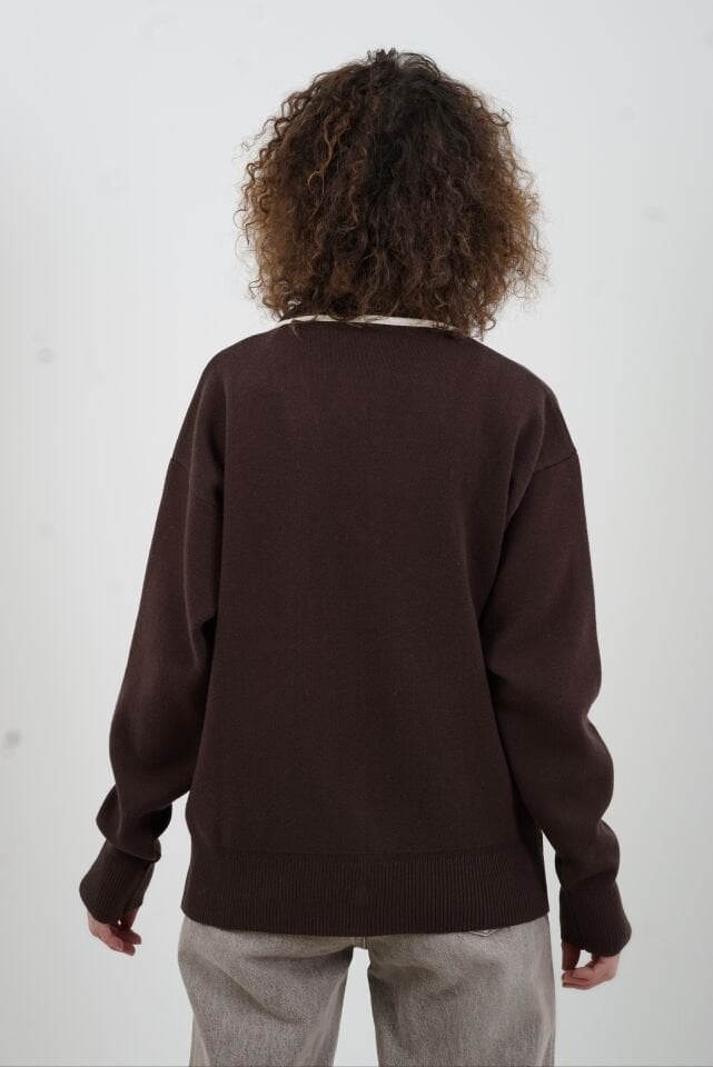 Kahve Kontrast Biyeli Fermuarlı Sofistik Hırka