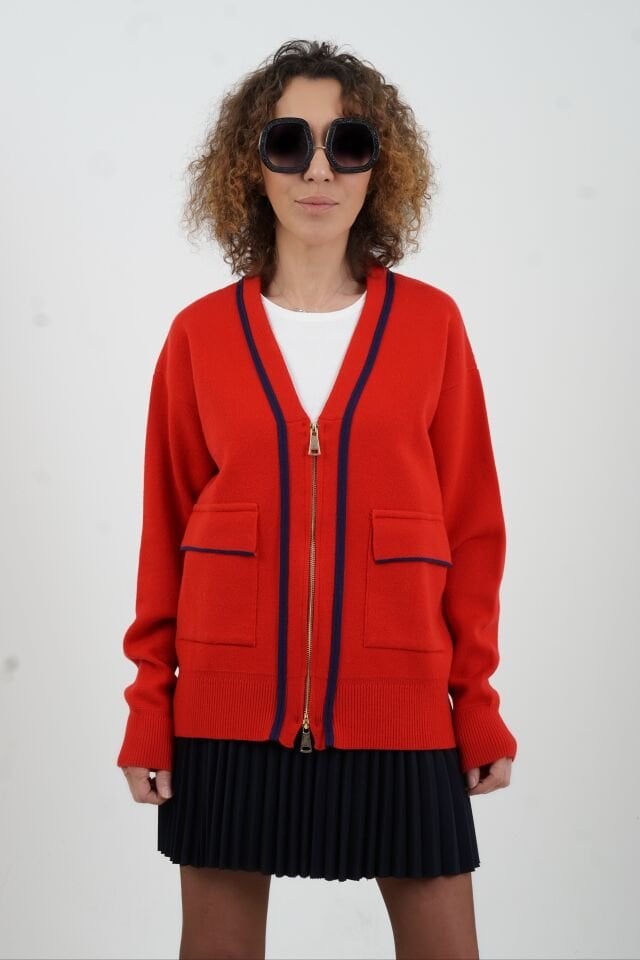 Kırmızı Kontrast Biyeli Fermuarlı Sofistik Hırka