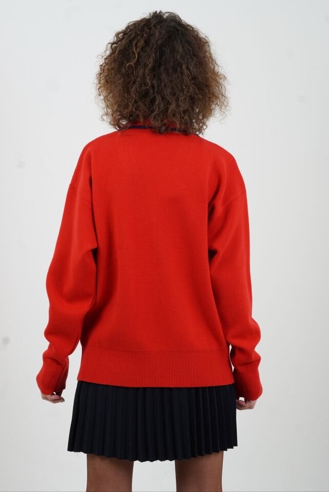 Kırmızı Kontrast Biyeli Fermuarlı Sofistik Hırka