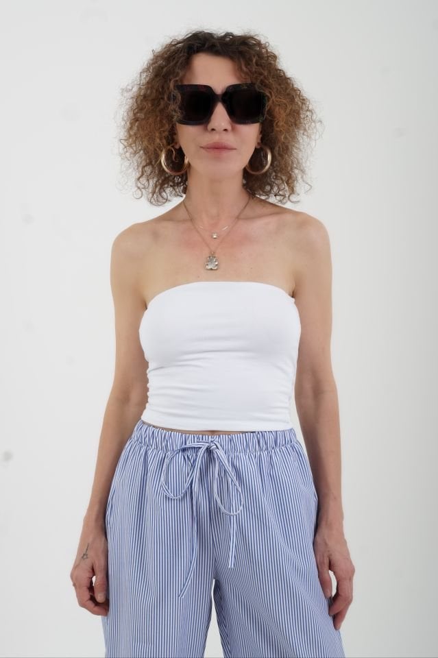 Mavi Beyaz Çizgili Poplin Pantolon