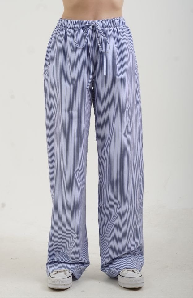 Mavi Beyaz Çizgili Poplin Pantolon