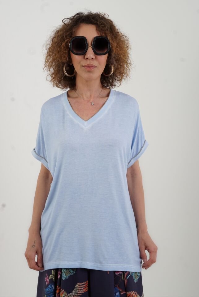Bebe Mavi Gold Çizgili V Yaka Yıkamalı Modal Tshirt