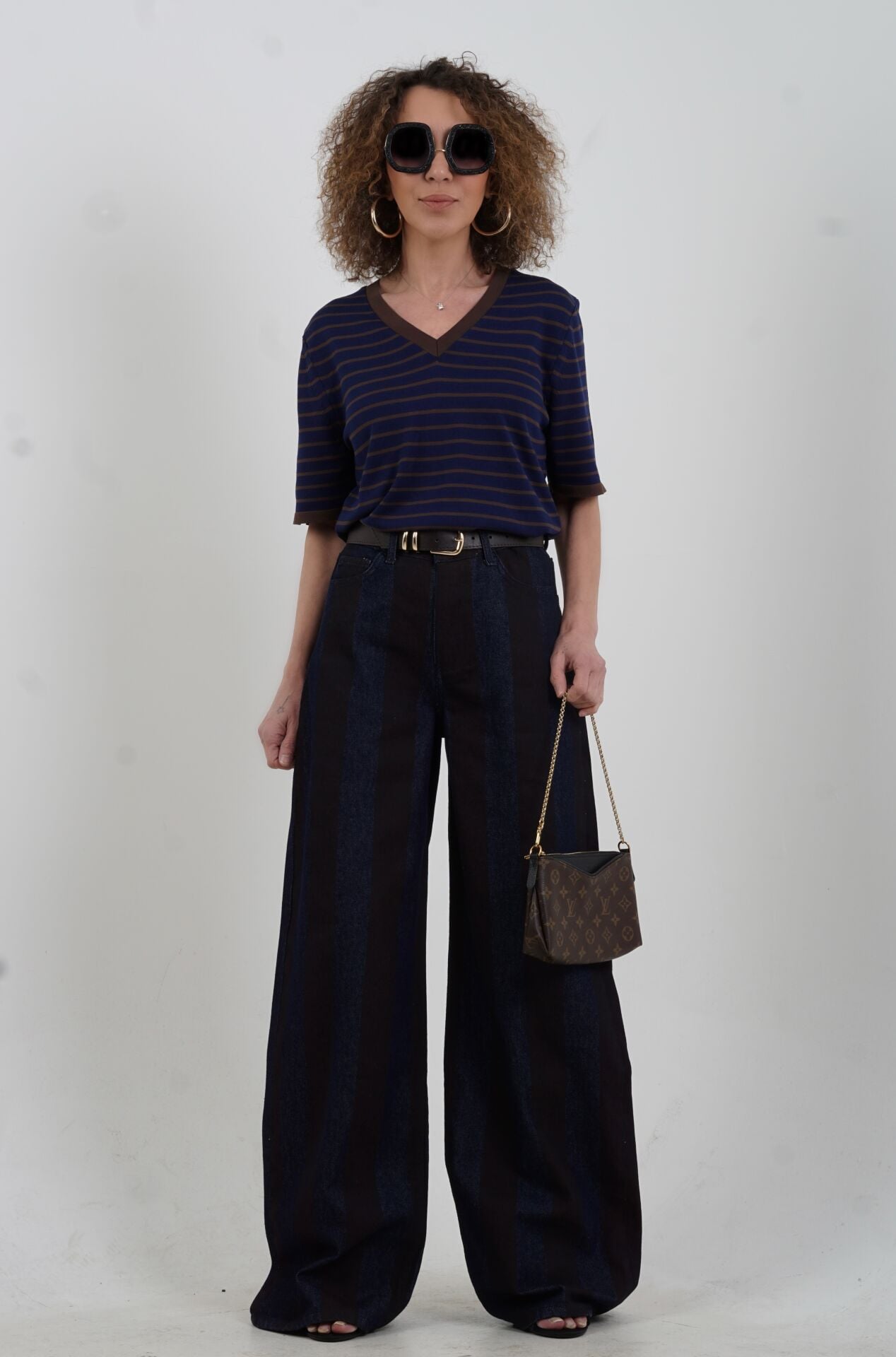 Kahve Lacivert Çizgili Denim Pantolon