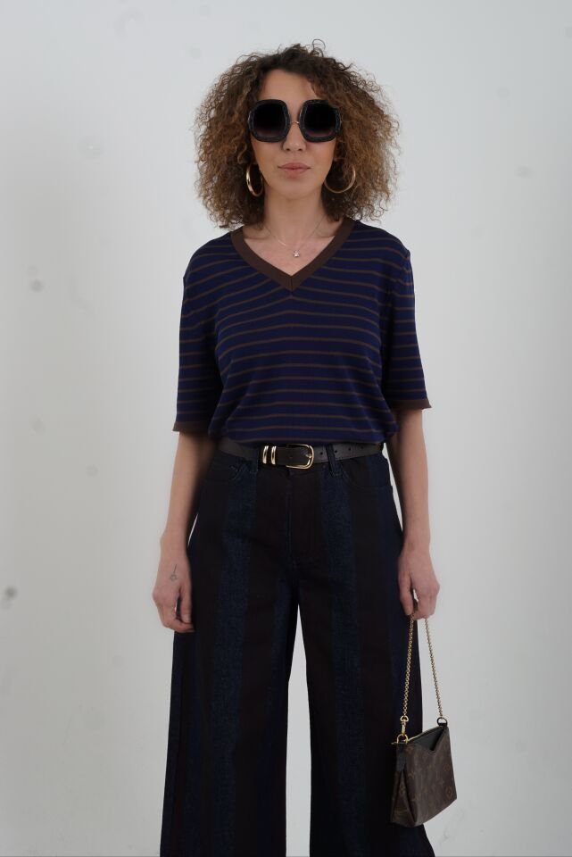 Kahve Lacivert Çizgili Denim Pantolon