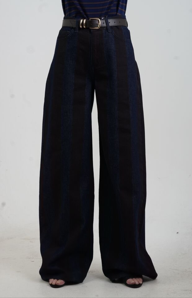 Kahve Lacivert Çizgili Denim Pantolon