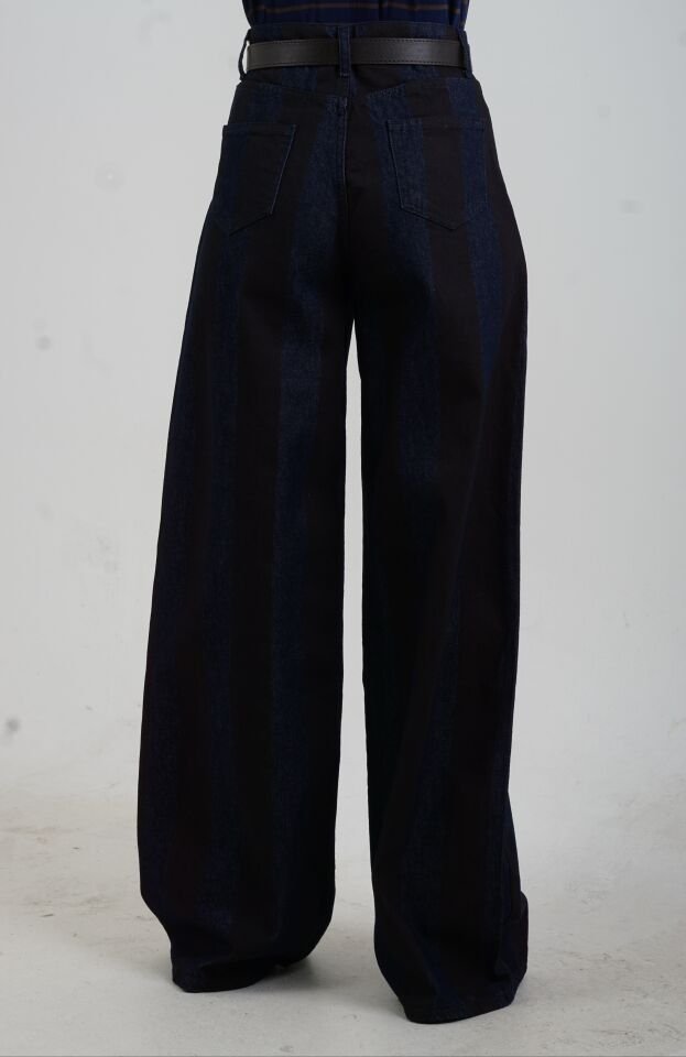 Kahve Lacivert Çizgili Denim Pantolon