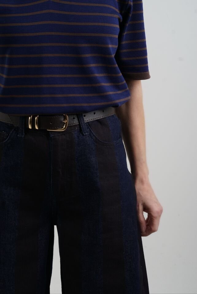 Kahve Lacivert Çizgili Denim Pantolon