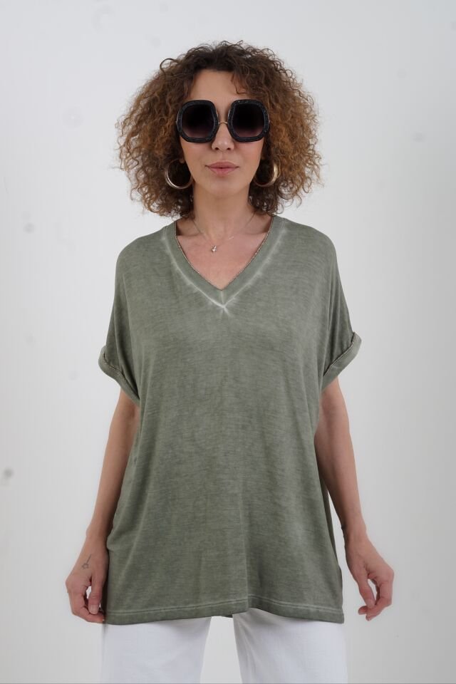Haki Gold Çizgili V Yaka Yıkamalı Modal Tshirt