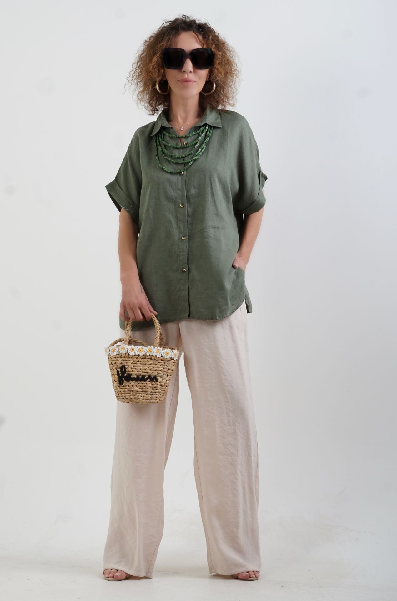 Bej Tencel Beli Lastikli Bol Paça Pantolon