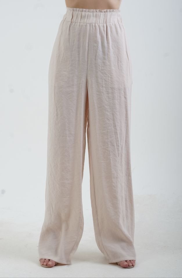 Bej Tencel Beli Lastikli Bol Paça Pantolon
