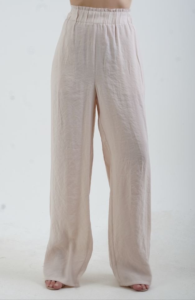 Bej Tencel Beli Lastikli Bol Paça Pantolon