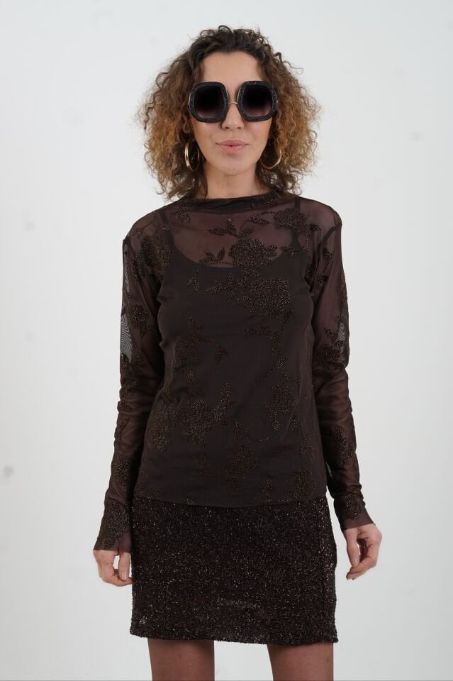 Kahve Floral Desenli Işıltılı Tül Bluz