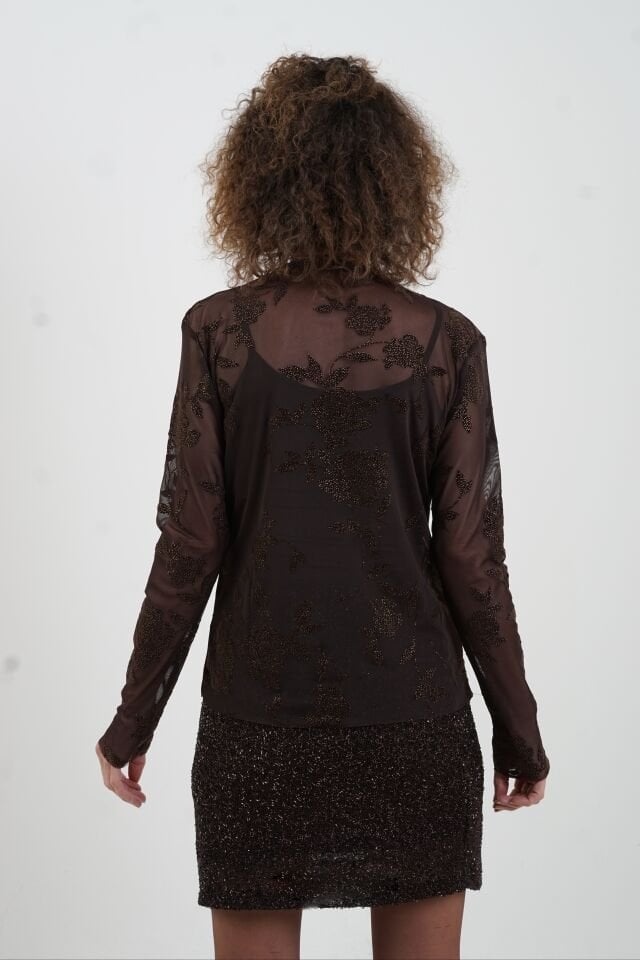 Kahve Floral Desenli Işıltılı Tül Bluz