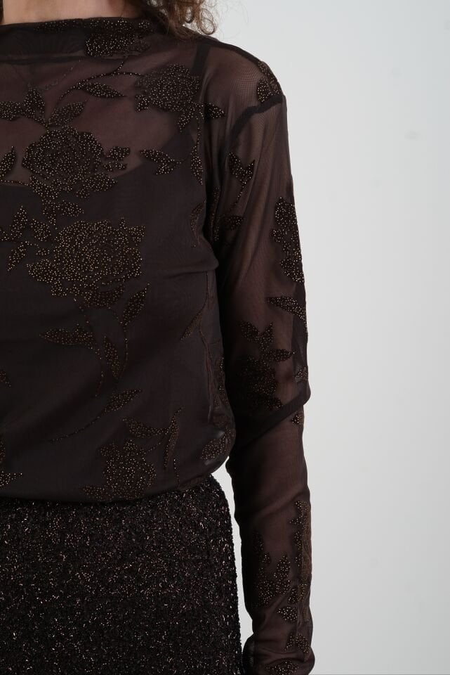 Kahve Floral Desenli Işıltılı Tül Bluz