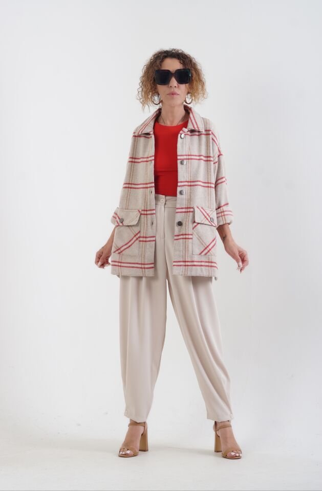 Bej Kırmızı Çift Cep Ekose Gömlek