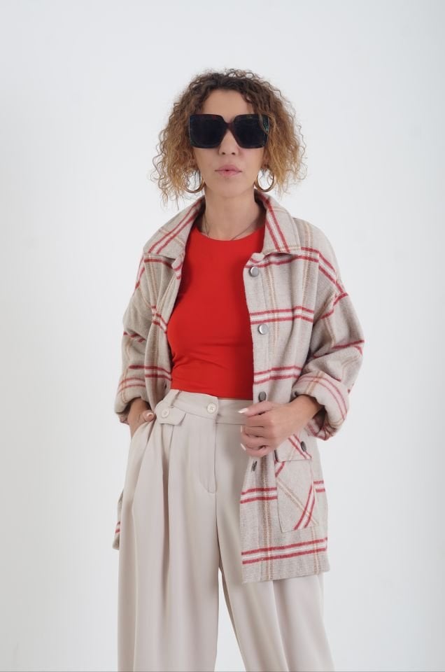 Bej Kırmızı Çift Cep Ekose Gömlek