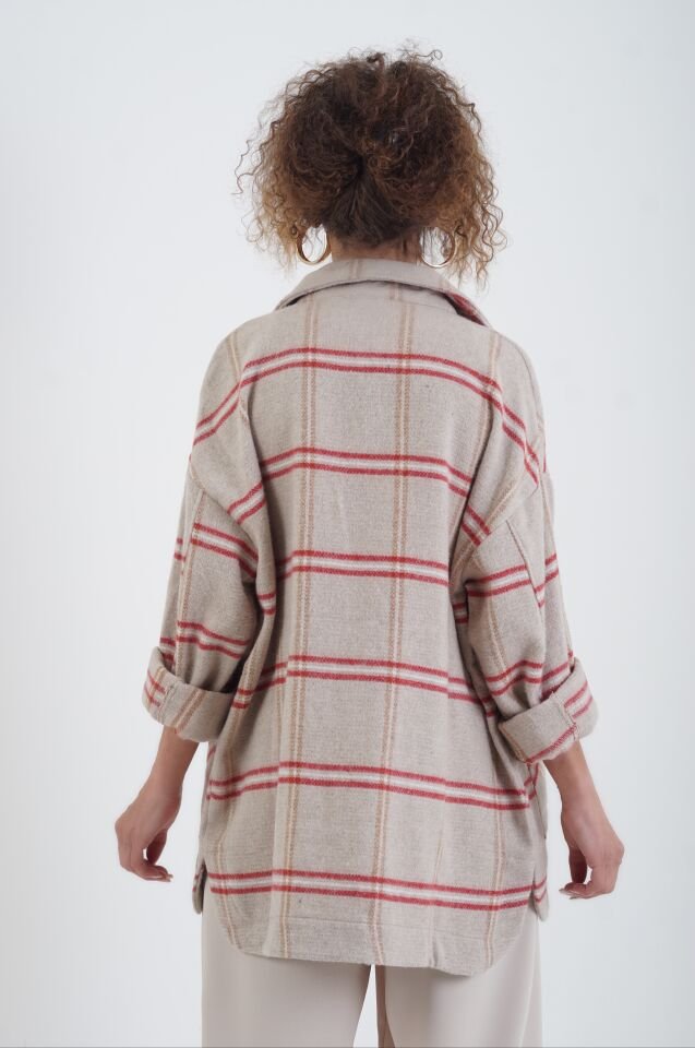 Bej Kırmızı Çift Cep Ekose Gömlek